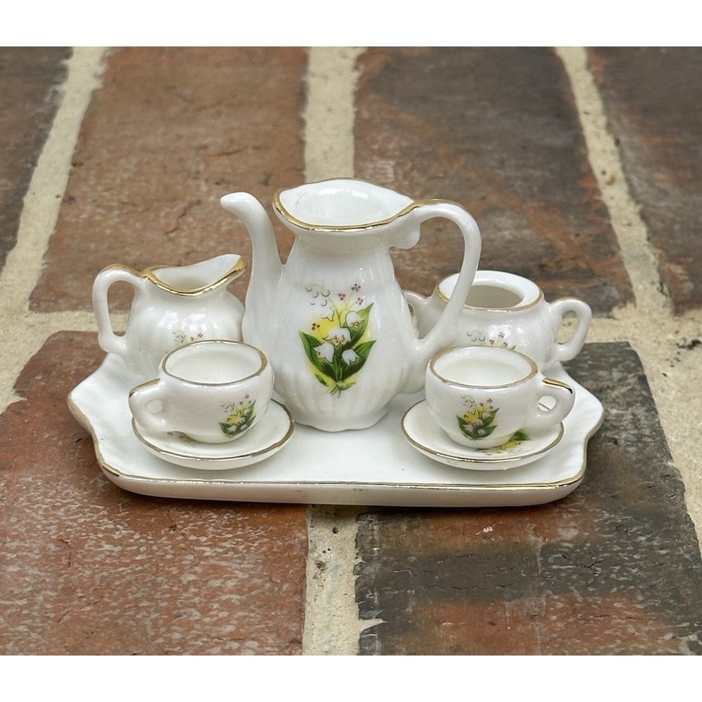 Lefton Vintage 1995 Dollhouse Tea Set Porcelain Floral Gold Trim Miniature 8 pcs
